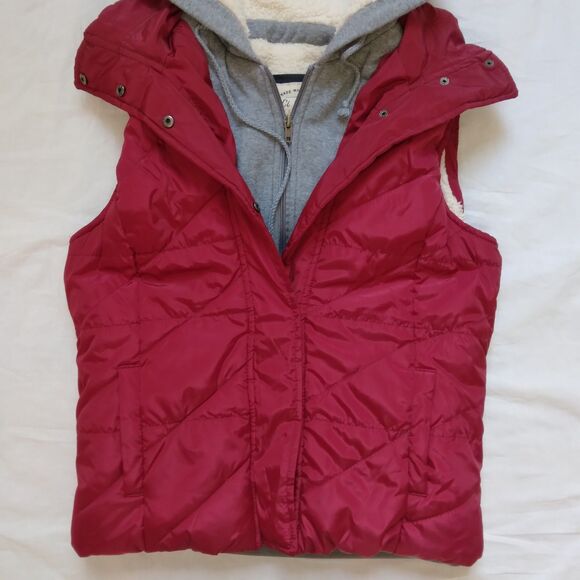 CI SONO Red Gray Puffer Zip Vest Attached HOOD Sherpa Lined Junior’s Women Large - Picture 3 of 14